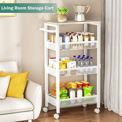 Utility Slim Storage Cart with Wheels, 4 Tier Small Rolling Cart with Wood Top - Image 6