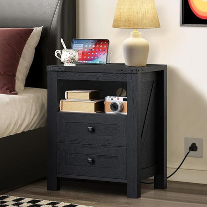 Nightstand with Charging Station, Farmhouse Night Stand with 2 Drawers and - Image 8