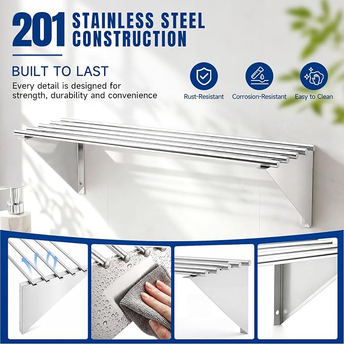 Gisafai 14×36 Inch Premium 201 Stainless Steel Tubular Wall Shelf, Commercial - Image 5