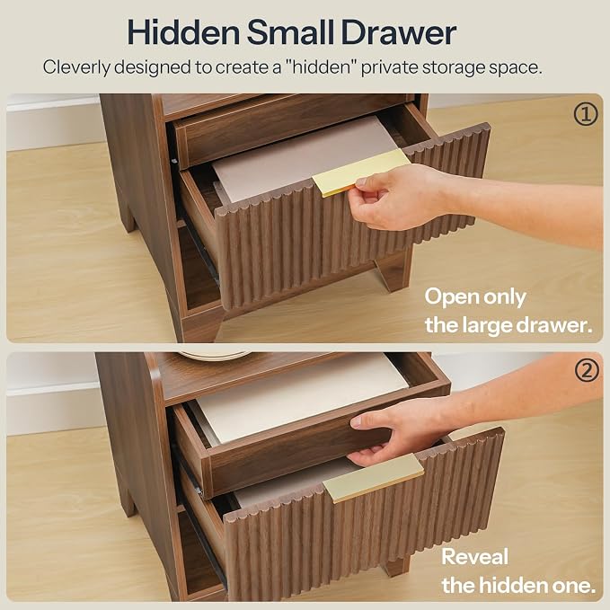 HOOBRO Fluted Nightstand with Charging Station, End Table with Hidden Drawer - Image 6