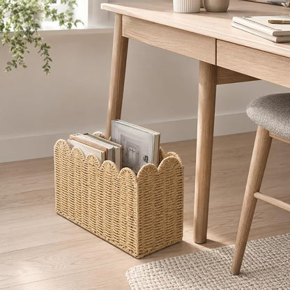 Paper Rope Magazine Holder, Tall Narrow Scalloped Basket | Handwoven Paper Rope - Image 7