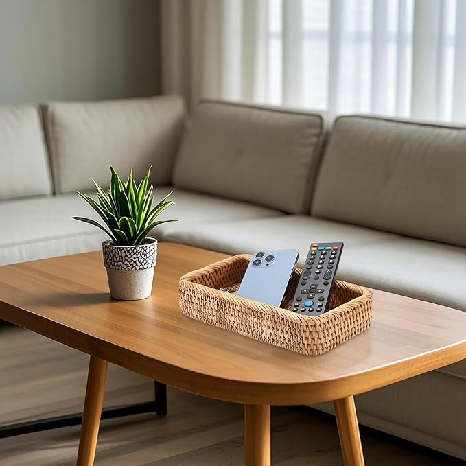 BTSKY Small Remote Basket for Coffee Table Entryway Living Room Rattan Serving - Image 3