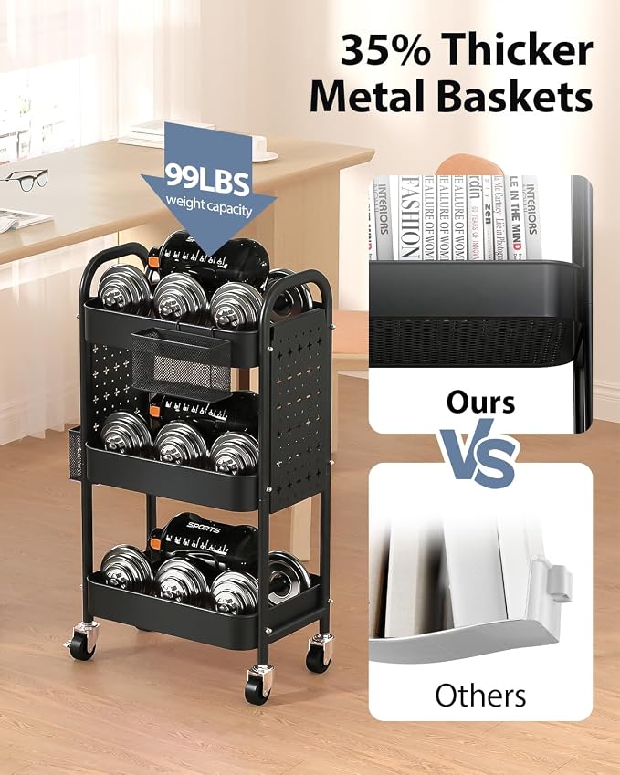 ALVOROG 3 Tier Metal Rolling Utility Cart - Image 5
