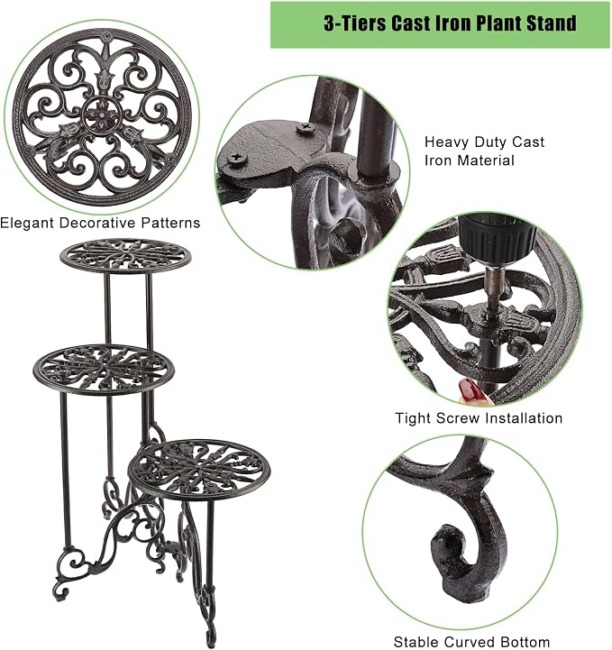 OwnMy 3 Tier Heavy Duty Cast Iron Plant Stand Foldable Wrought Iron Flower Pot - Image 6