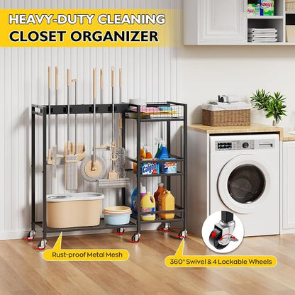 Broom Holder with Cleaning Supplies Organizer, Movable Broom Closet Storage - Image 6