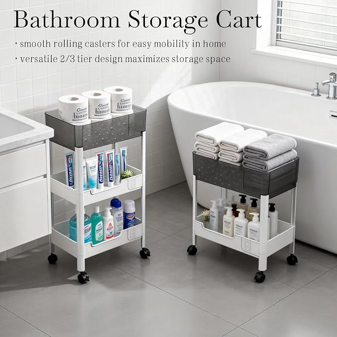 3 Tier Rolling Cart with Wheels 4.7'' Deep Baskets Bathroom Storage Shelf Heavy - Image 3