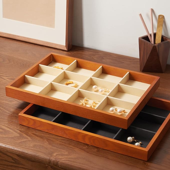 Oirlv 12 Grids Wood Jewelry Organizer Tray Stackable Jewelry Drawer Tray - Image 8