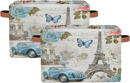 Storage Basket Vintage Paris Eiffel Tower Rose Flower Old Car Storage Cube Box by AUUXVA