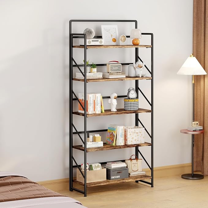 JSB Folding Bookshelf, Industrial Storage Shelves, No Assembly Vintage Wood - Image 4