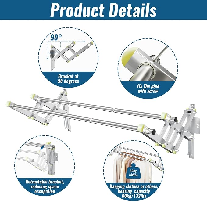 Foldable Wall Mounted Clothes Rack-Double 44'' Long Rod&2 Bases, Stainless Steel - Image 4