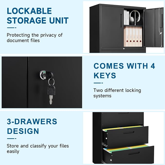 3-Drawer Metal File Cabinet, Lateral Vertical Filing Cabinets - Image 7