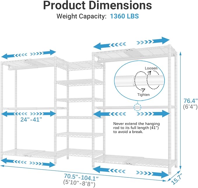 VIPEK X3 Plus Large Expandable Closet Rack Adjustable from 5'10" to 8'8" - Image 5