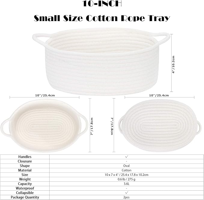Sea Team 2-Pack Cotton Rope Baskets, Fabric Tray, Oval Open Dish - Image 7