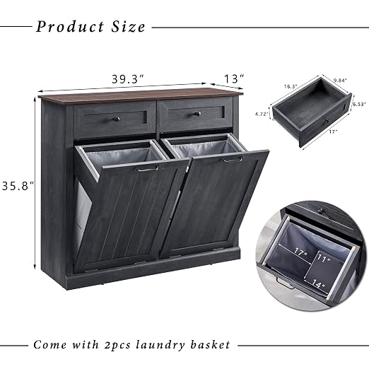 Double Tilt Out Trash Cabinet, 20 Gallon Farmhouse Laundry Hamper Cabinet - Image 2