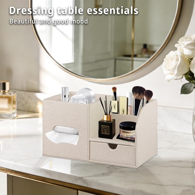 YAPISHI Tissue Box Cover with Storage Tray and Drawer, PU Leather Square Tissue - Image 6