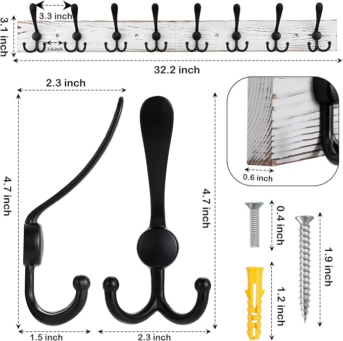 32.2'' Large Coat Rack Wall Mount Coat Hooks - Image 2