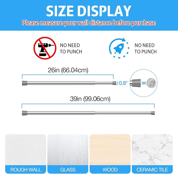 1 Pack Spring Tension Rod, Adjustable 26-39 Inch No Drill, Fits Windows Kitchen - Image 2