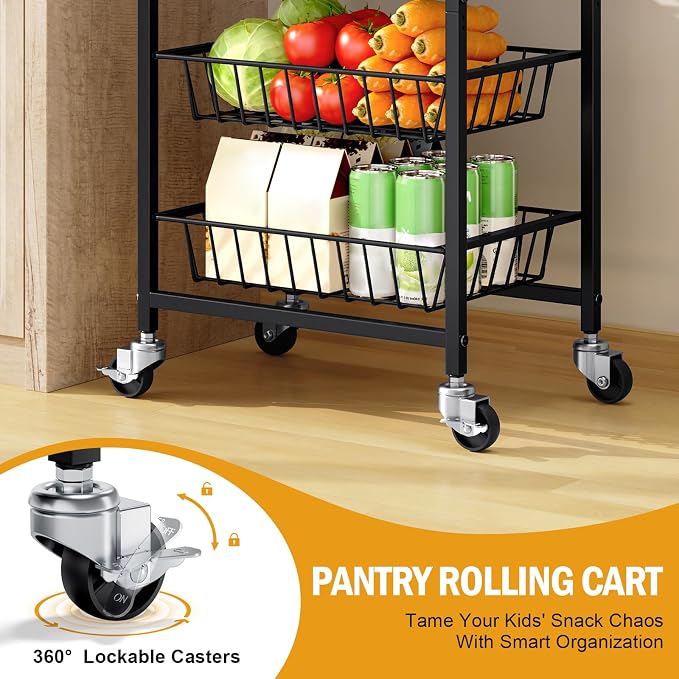 TOOLF 5 Tier Kitchen Storage Cart, Metal Utility Rolling Snack Cart | Wooden - Image 4