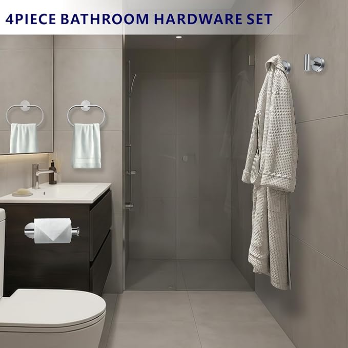 Bathroom Hardware Set Includes Towel Ring, Toilet Paper Holder and 2 Towel Hooks - Image 2