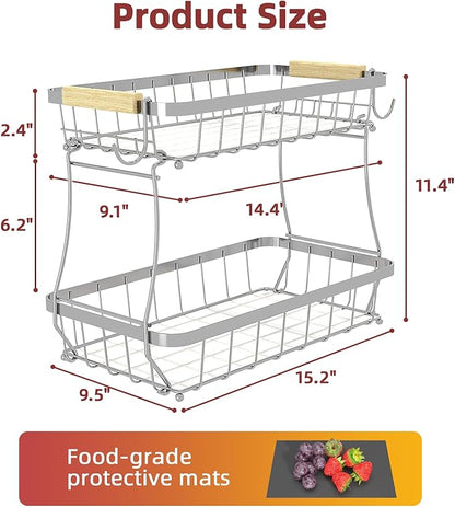 2-Tier Fruit Basket with Banana Hangers, Detachable Metal Bowl | Wooden handle - Image 7