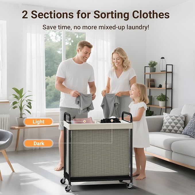ELYKEN Laundry Hamper 2 Section, 100L Rolling Laundry Sorter - Image 6