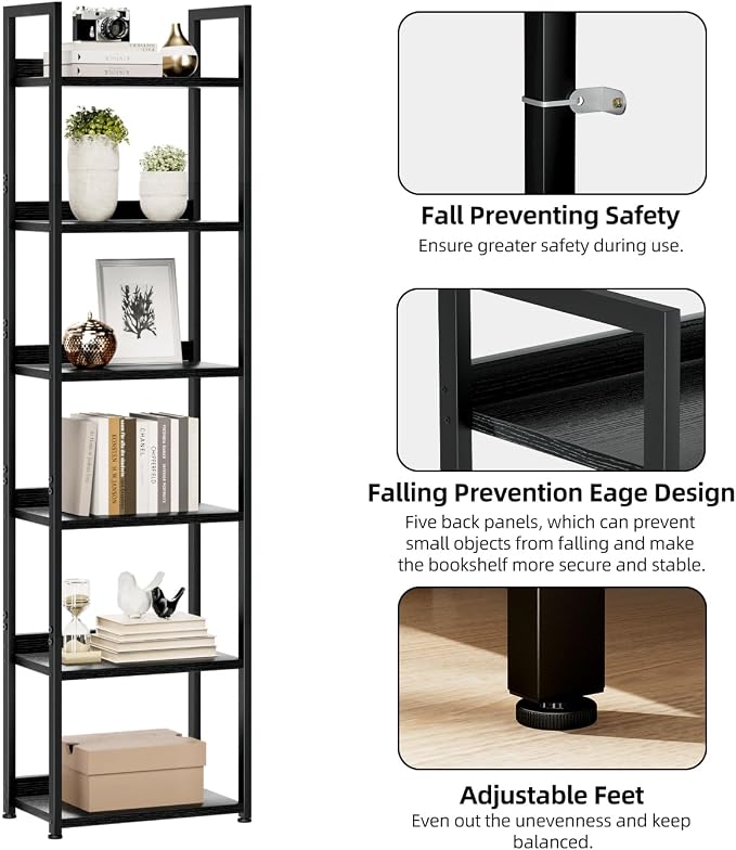NUMENN Narrow Bookshelf, 6 Tier Freestanding Shelving Unit, Falling Prevention - Image 5