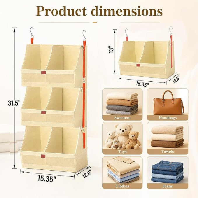Fabric Hanging Closet Organizer Heavy Duty Shelf Hanging Storage Towel Clothes - Image 2