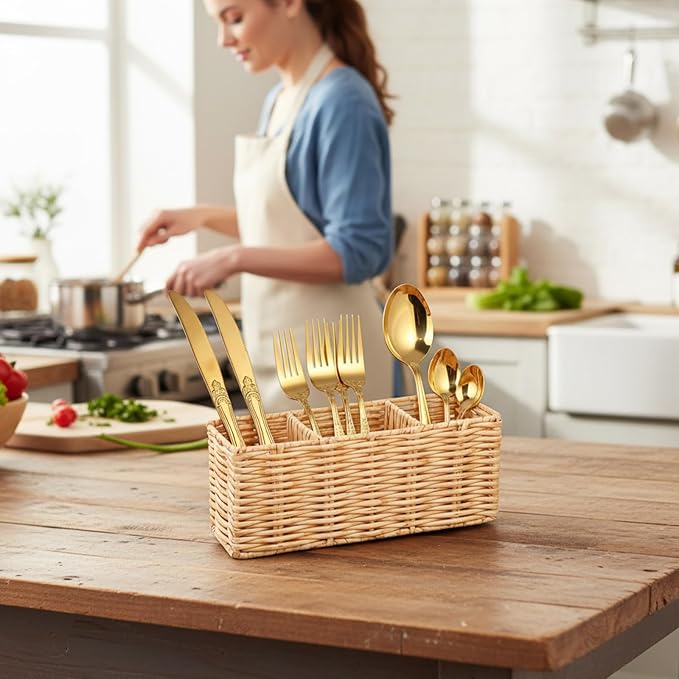 Wicker Flatware Silverware Caddy, Plastic Woven Kitchen Cutlery Organizer - Image 6