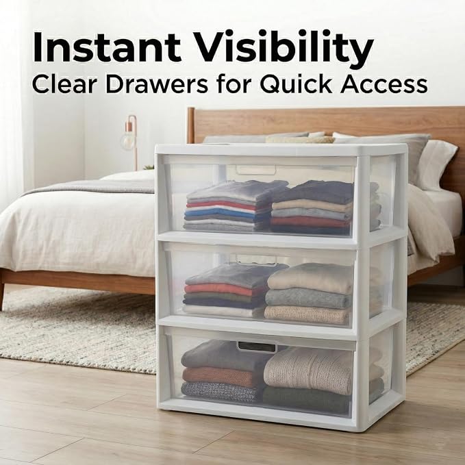 Wide 3-Drawer Plastic Storage Tower Organizer, 25.25" High, Drawer Stops & - Image 3