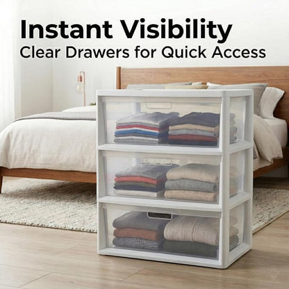 Wide 3-Drawer Plastic Storage Tower Organizer, 25.25" High, Drawer Stops & - Image 3