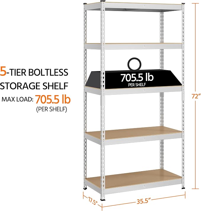 Yaheetech 5-Tier Heavy Duty Storage Shelves 35.5"W x 17.5"D x 72"H Silver | - Image 3