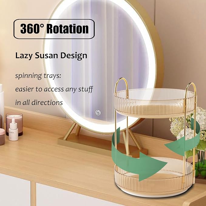 Rotating Makeup Organizer Countertop 2 Tier Lazy Susan Trays Clear Skincare - Image 2