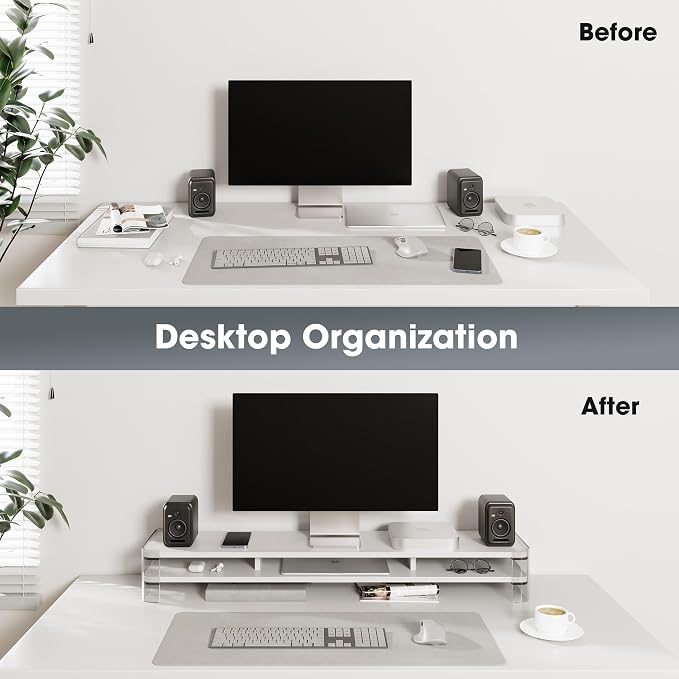 Fenge Acrylic Monitor Stand Riser, 2 Tier Wood Office Desk Storage Organizer - Image 2