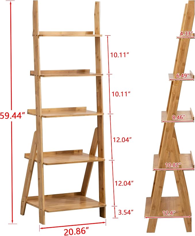 DOUSY- 5-Tier Bamboo Ladder Shelf Ladder Bookshelf Plant & Flower Stand Bookcase - Image 2