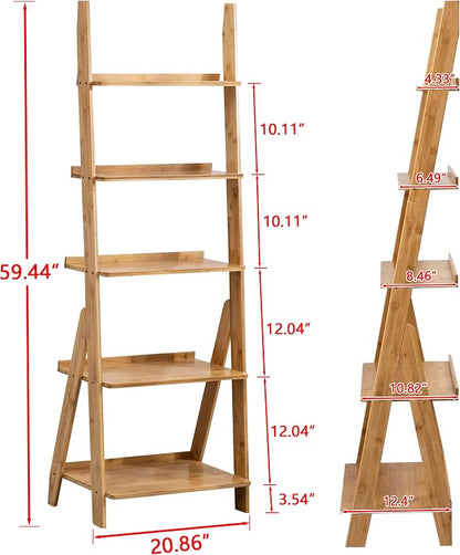 DOUSY- 5-Tier Bamboo Ladder Shelf Ladder Bookshelf Plant & Flower Stand Bookcase - Image 2