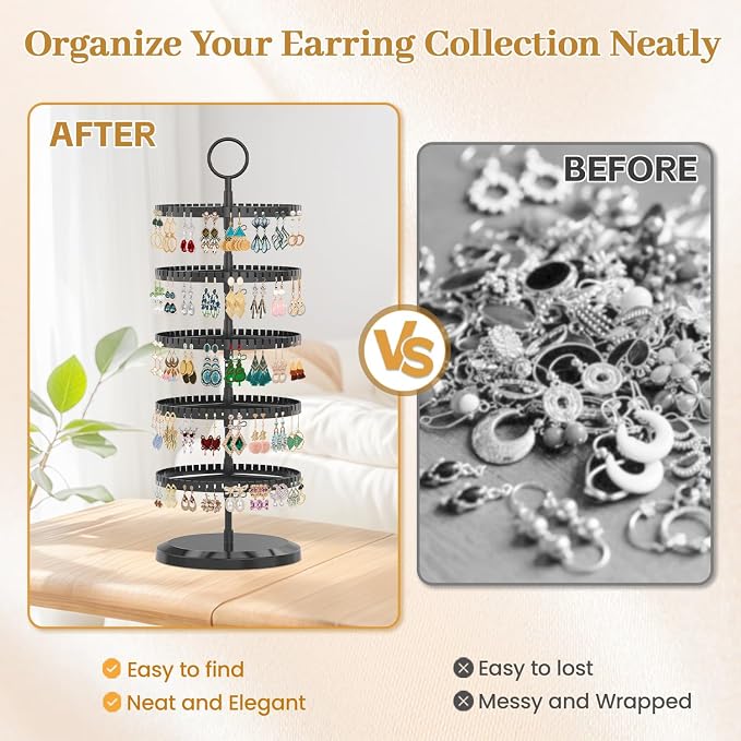 MODOWEY Rotating Earring Holder Organizer Adjustable Display, 5 Tiers Black | - Image 6