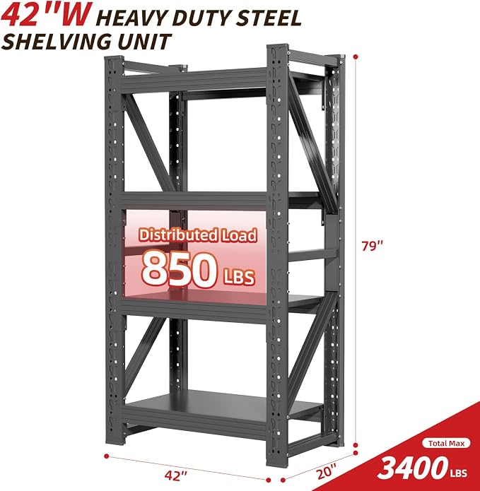 42" W Garage Shelving, 4-Tier Heavy Duty Storage Shelves Unit - Image 2