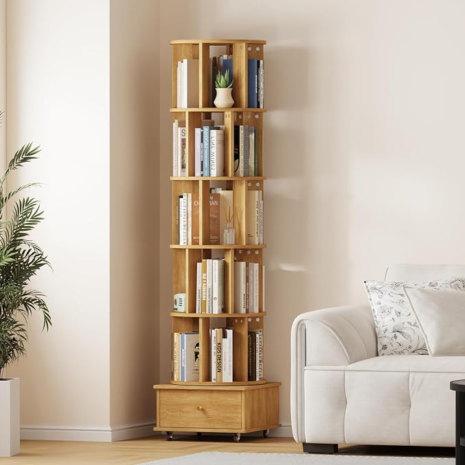 Rotating Bookshelf with Drawers on Lockable Wheels Wood Oak | 6 Tier Spinning by LMSXG-MZ