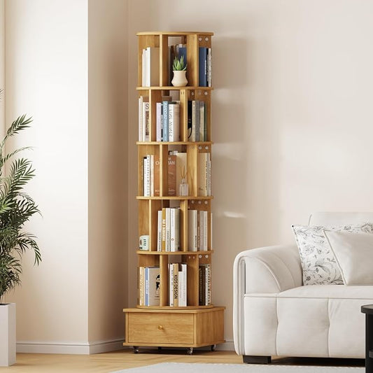 Rotating Bookshelf with Drawers on Lockable Wheels Wood Oak | 6 Tier Spinning by LMSXG-MZ