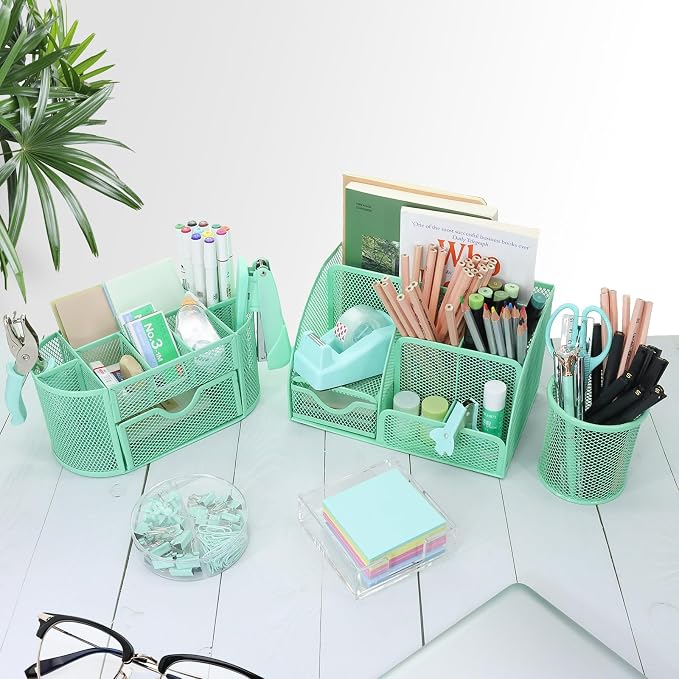 17 in 1 Green Desk Organizers and Accessories Set, 3 Office Desk Supplies - Image 6