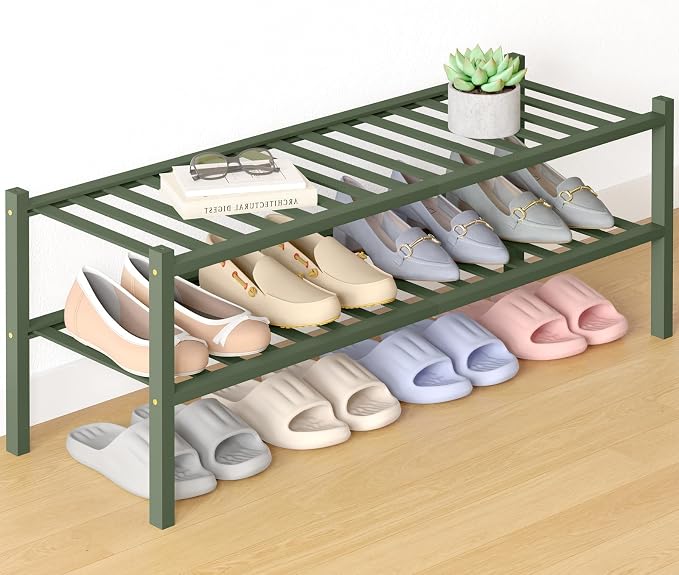 Smiry Bamboo Shoe Rack for Closet, 2 Tier Long Wooden Stackable Shoe Organizer by Smiry