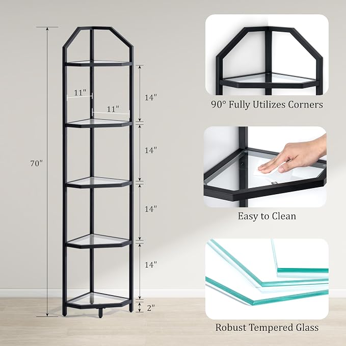5-Tier Corner Shelf Stand, Bathroom Storage Rack Shelf, Plant Rack, Tempered - Image 3