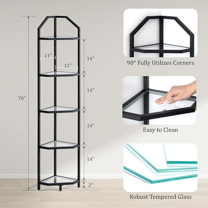 5-Tier Corner Shelf Stand, Bathroom Storage Rack Shelf, Plant Rack, Tempered - Image 3