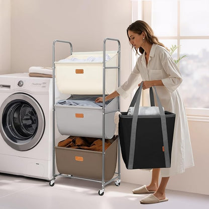 STORAGE MANIAC 120 Liters Vertical Rolling Laundry Hamper, 3 Section Laundry - Image 8