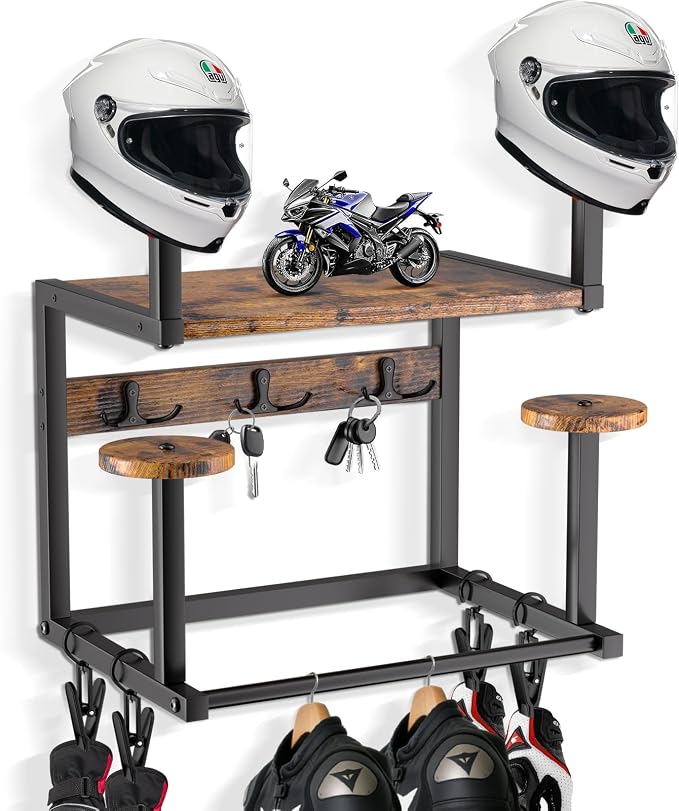 Motorcycle Helmet Hanger Wall Mount, Tiered Wooden Organizer by GYJZIFW
