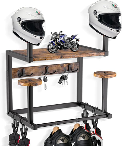Motorcycle Helmet Hanger Wall Mount, Tiered Wooden Organizer by GYJZIFW