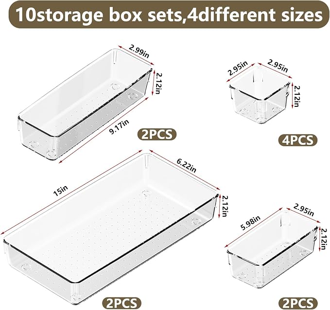 10 PCS Clear Plastic Drawer Organizer Set, 4 Sizes Acrylic Drawer Storage Trays - Image 2