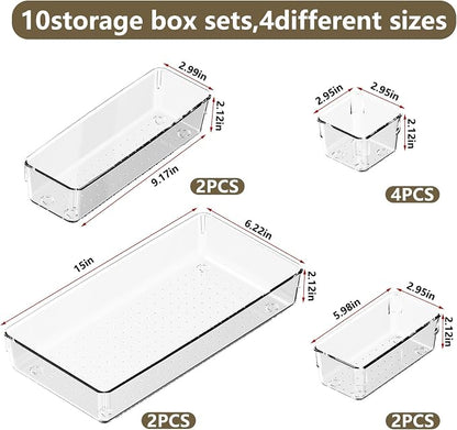 10 PCS Clear Plastic Drawer Organizer Set, 4 Sizes Acrylic Drawer Storage Trays - Image 2