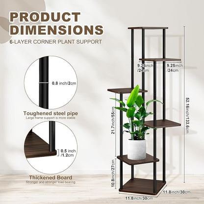 6 Tier Plant Stand Indoor, Thickened Metal Wood Corner Plant Shelf Stands - Image 2