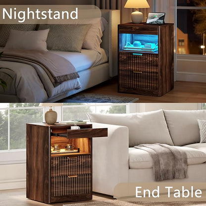 REAHOME Fluted Nightstand with Charging Station, Modern LED Night Stand with 2 - Image 4